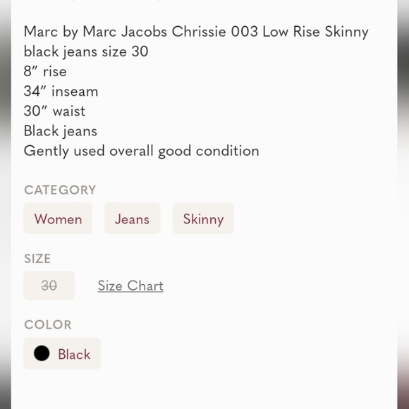 Marc by Marc Jacobs sz 30 Chrissie 003 Stretch Low Rise Skinny Leg Black Jeans - Picture 12 of 12